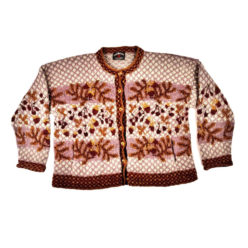 Lost Horizons Large Kettle Dyed Wool Cardigan Handknit Acorn Leaves Cottage Cozy